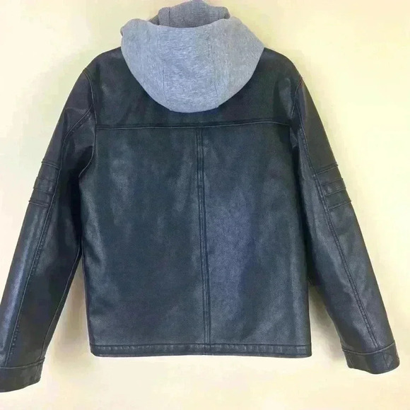 Guess Men Black Faux Leather Double Zip Hooded Coat Moto Bomber Jacket Size S - Picture 8 of 16